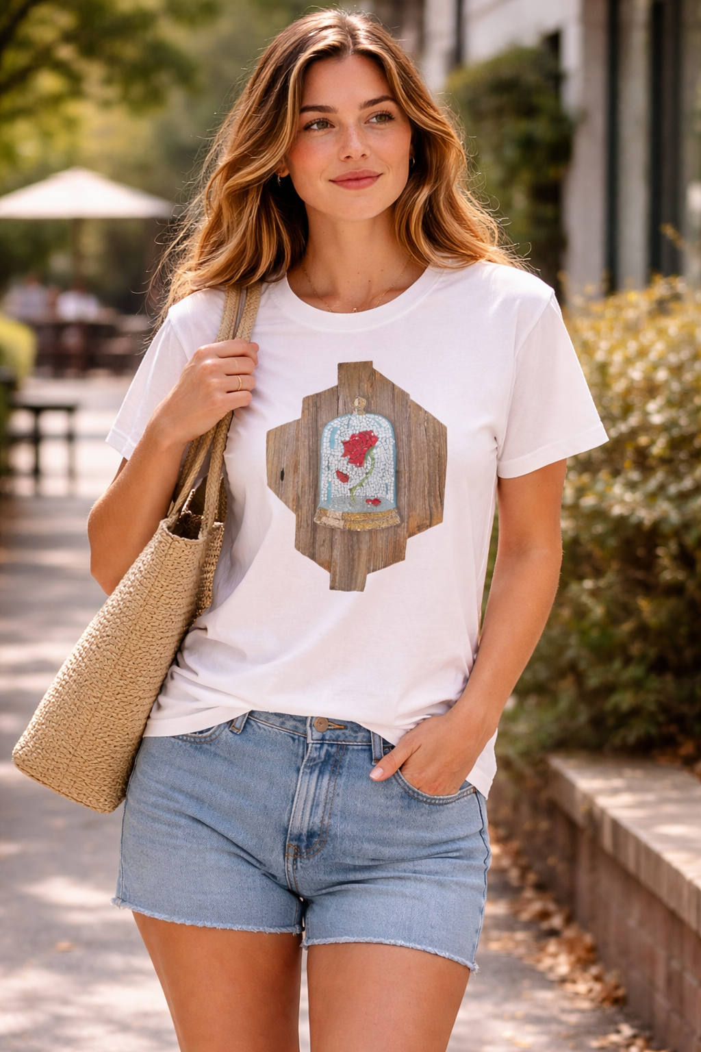Woman wearing a white t-shirt with a graphic cursed rose mosaic design outdoors