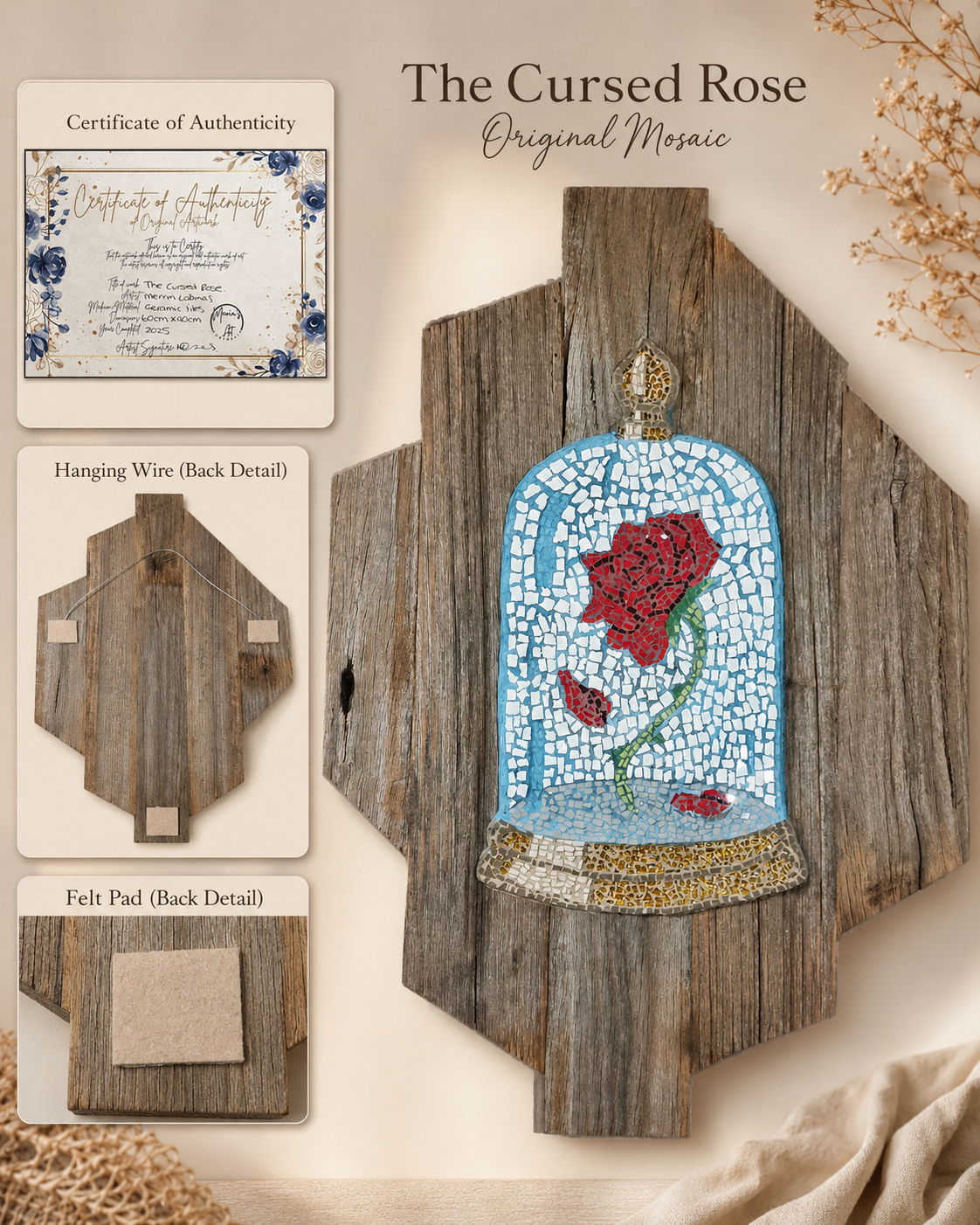 The Cursed Rose Original Mosaic Artwork on Rustic Timber