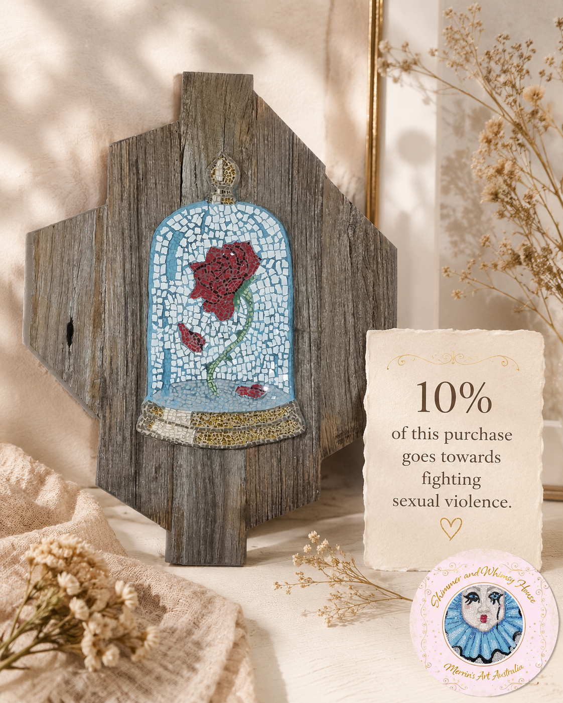 The Cursed Rose Original Mosaic Artwork on Rustic Timber