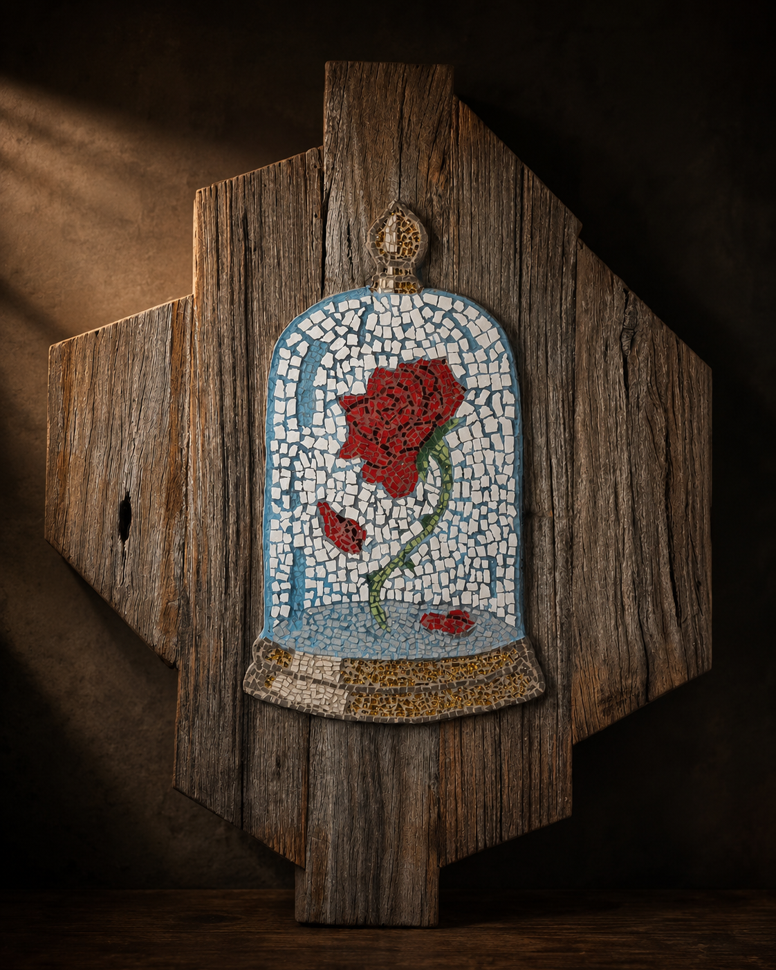 The Cursed Rose Original Mosaic Artwork on Rustic Timber