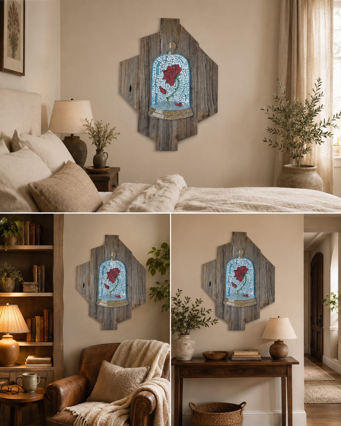The Cursed Rose Original Mosaic Artwork on Rustic Timber