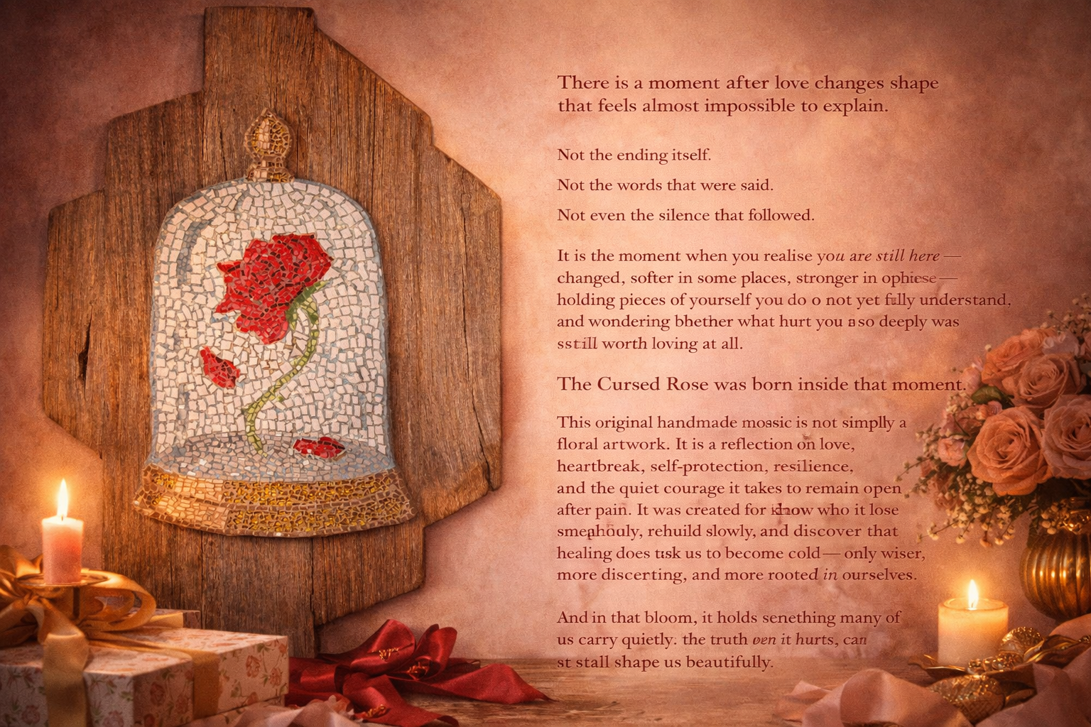Load video: The making of the cursed rose mosaic, a deep dive into the making of and the story behind the art piece