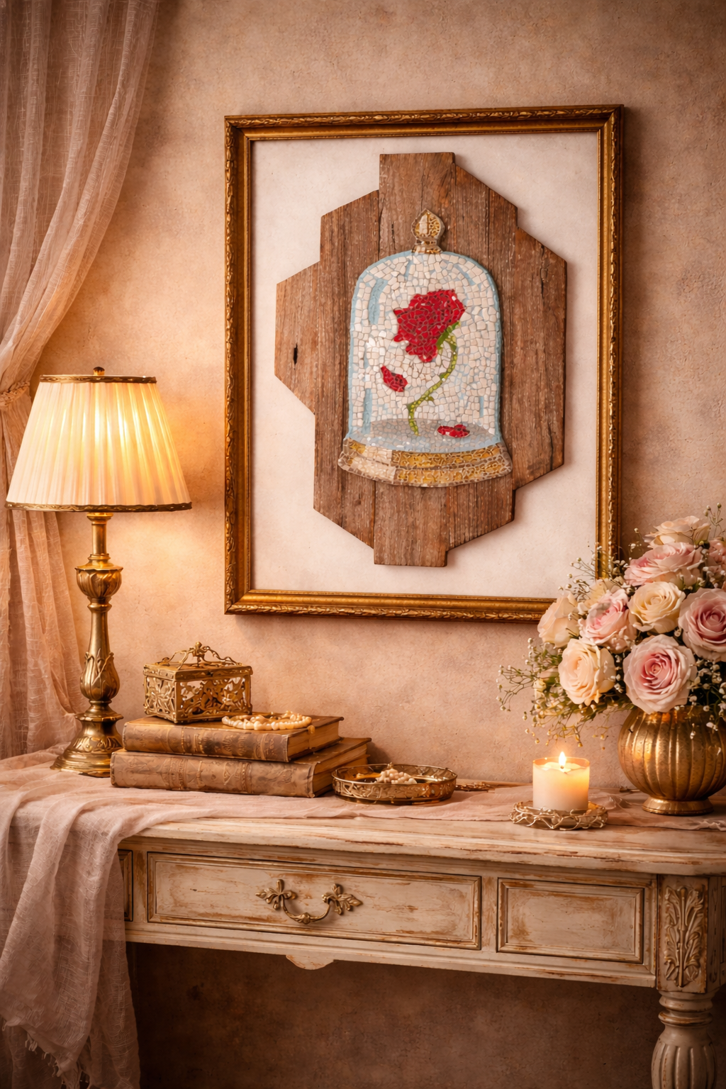 Decorative table setting with a framed cursed rose mosaic art piece, lamp, and flowers.