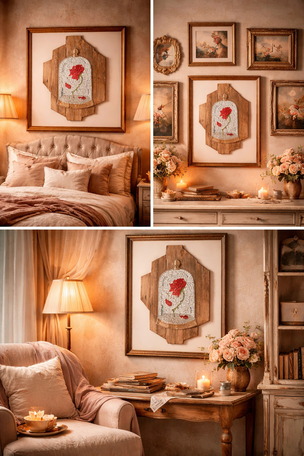 Collage of a cozy living room with decorative wall art, furniture, and decor elements. With the cursed rose mosaic design in various frames