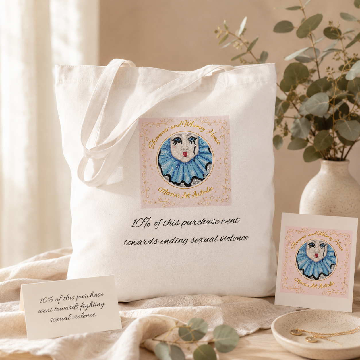 Back of the Willow tote bag showing the Shimmer and Whimsy House Merrin’s Art Australia logo and the giving message “10% of this purchase went towards ending sexual violence,” styled with soft linen, eucalyptus, warm natural light, and a small matching card for a proud purpose-led product image.