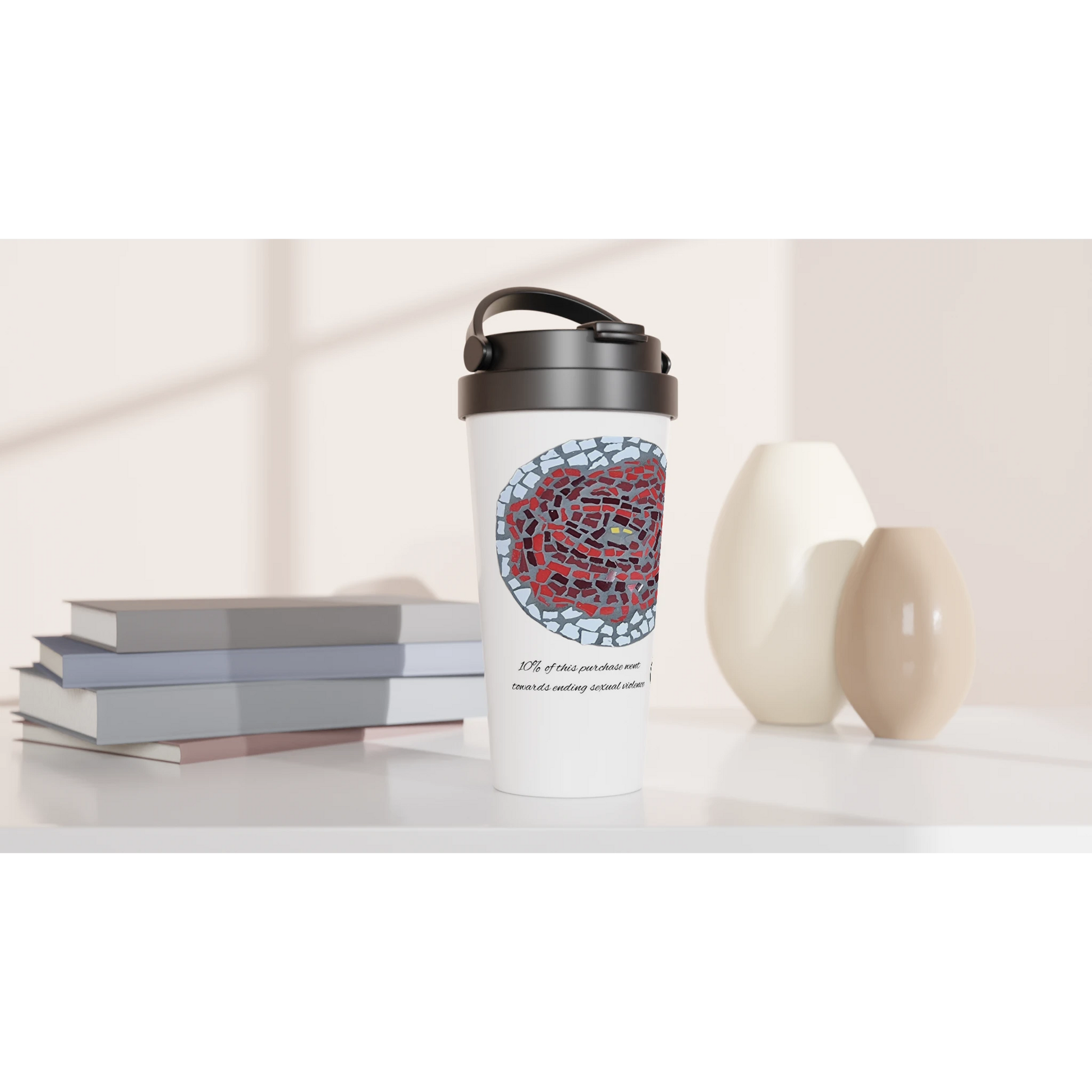 travel mug mockup in front of books with rose coaster mosaic design made in Sebastopol Victoria 