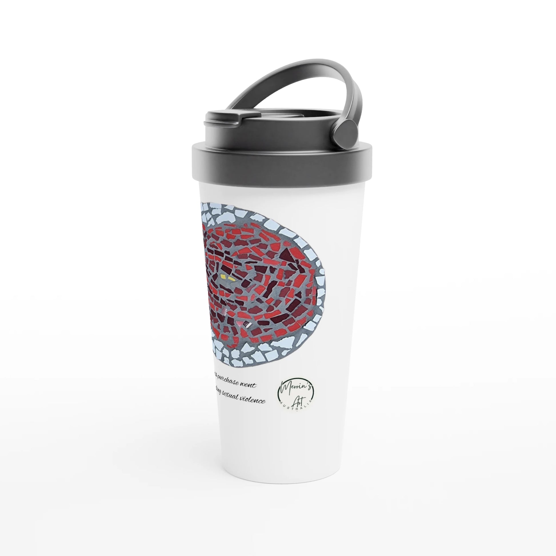 travel mug facing left with rose coaster mosaic design made in Sebastopol Victoria 