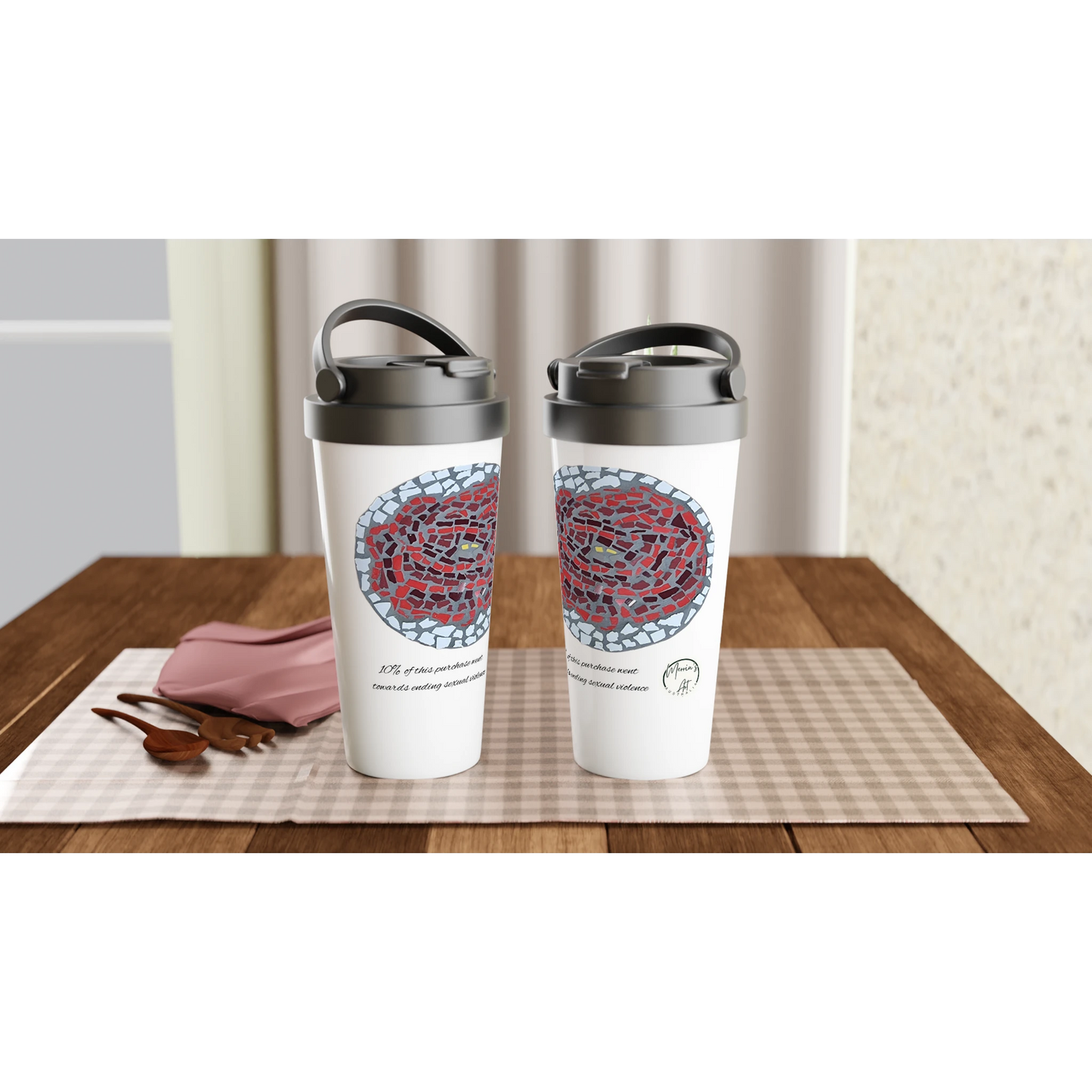two travel mugs mockup with rose coaster mosaic design made in Sebastopol Victoria 