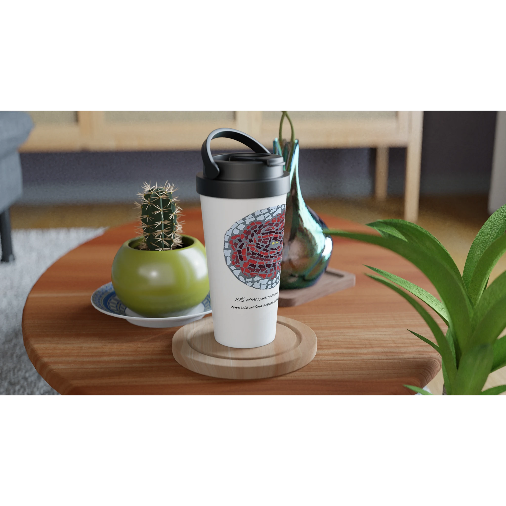 travel mug mockup in front of vases with rose coaster mosaic design made in Sebastopol Victoria 