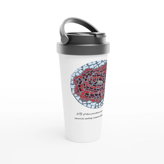 travel mug facing right with rose coaster mosaic design made in Sebastopol Victoria 