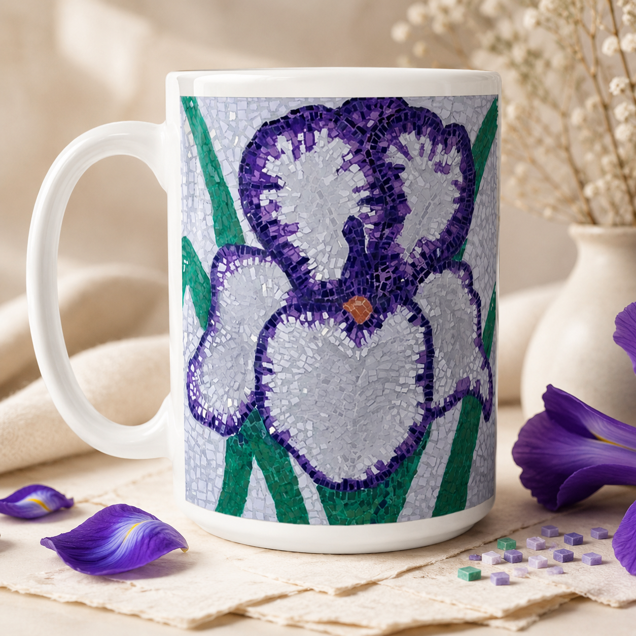 Violetta Iris Flower Mosaic 15oz Ceramic Mug