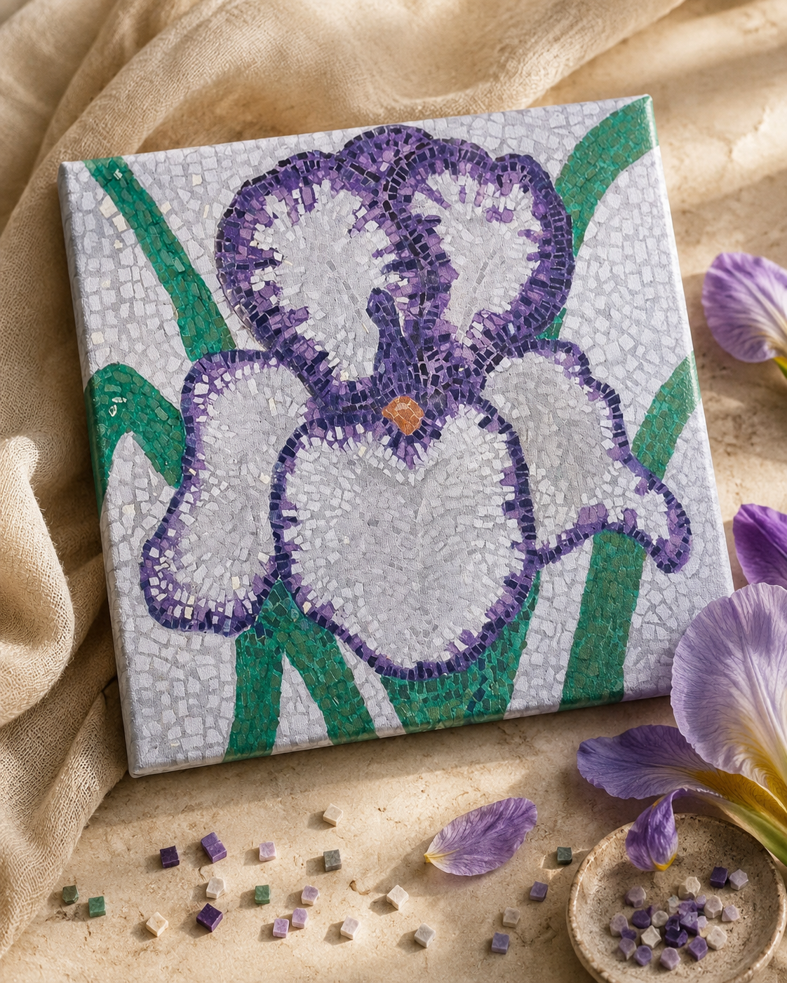 Violetta Iris Canvas | Floral Mosaic Wall Art for Quiet Strength & Resilience