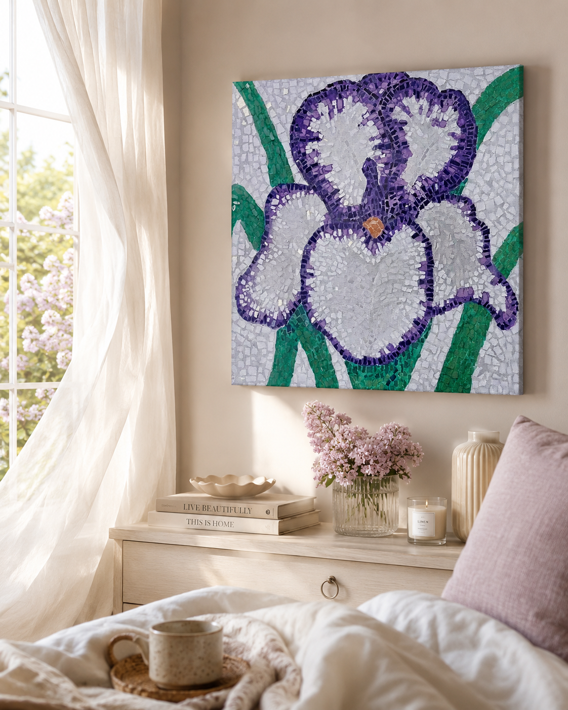 Violetta Iris Canvas | Floral Mosaic Wall Art for Quiet Strength & Resilience