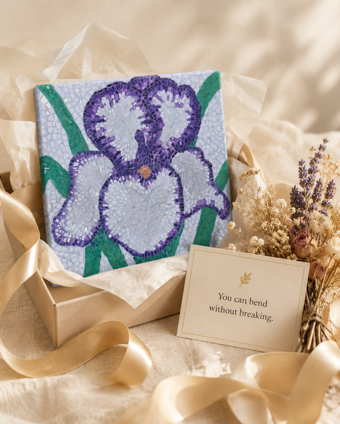 Violetta Iris Canvas | Floral Mosaic Wall Art for Quiet Strength & Resilience