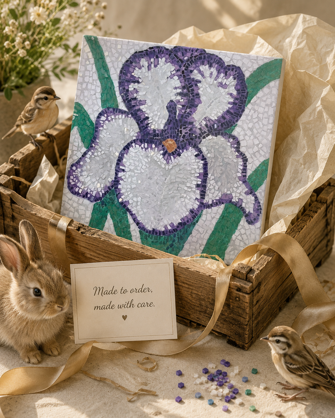 Violetta Iris Canvas | Floral Mosaic Wall Art for Quiet Strength & Resilience