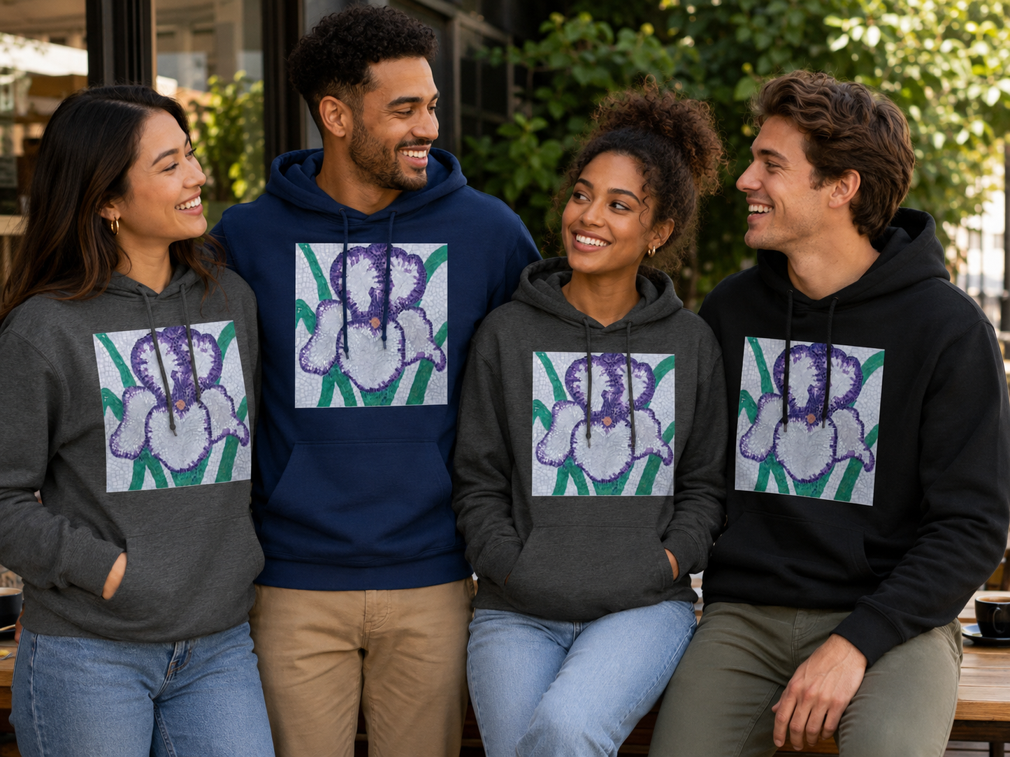 Violetta Iris Hoodie | Floral Mosaic Wearable Art Hoodie
