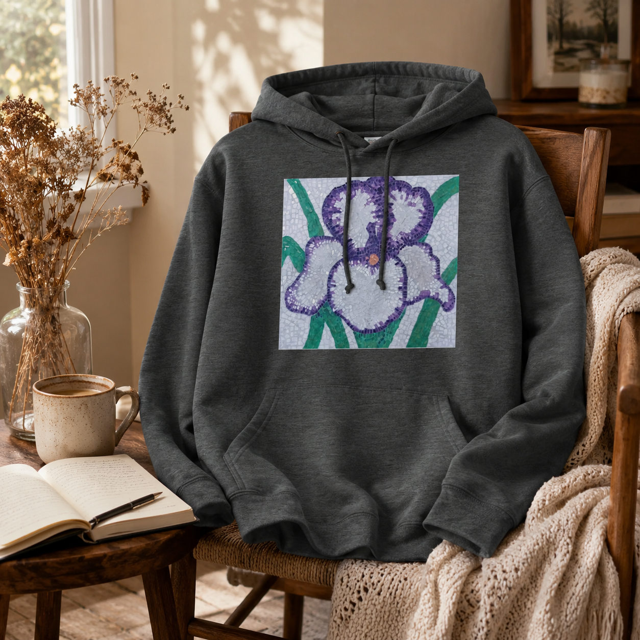 Violetta Iris Hoodie | Floral Mosaic Wearable Art Hoodie