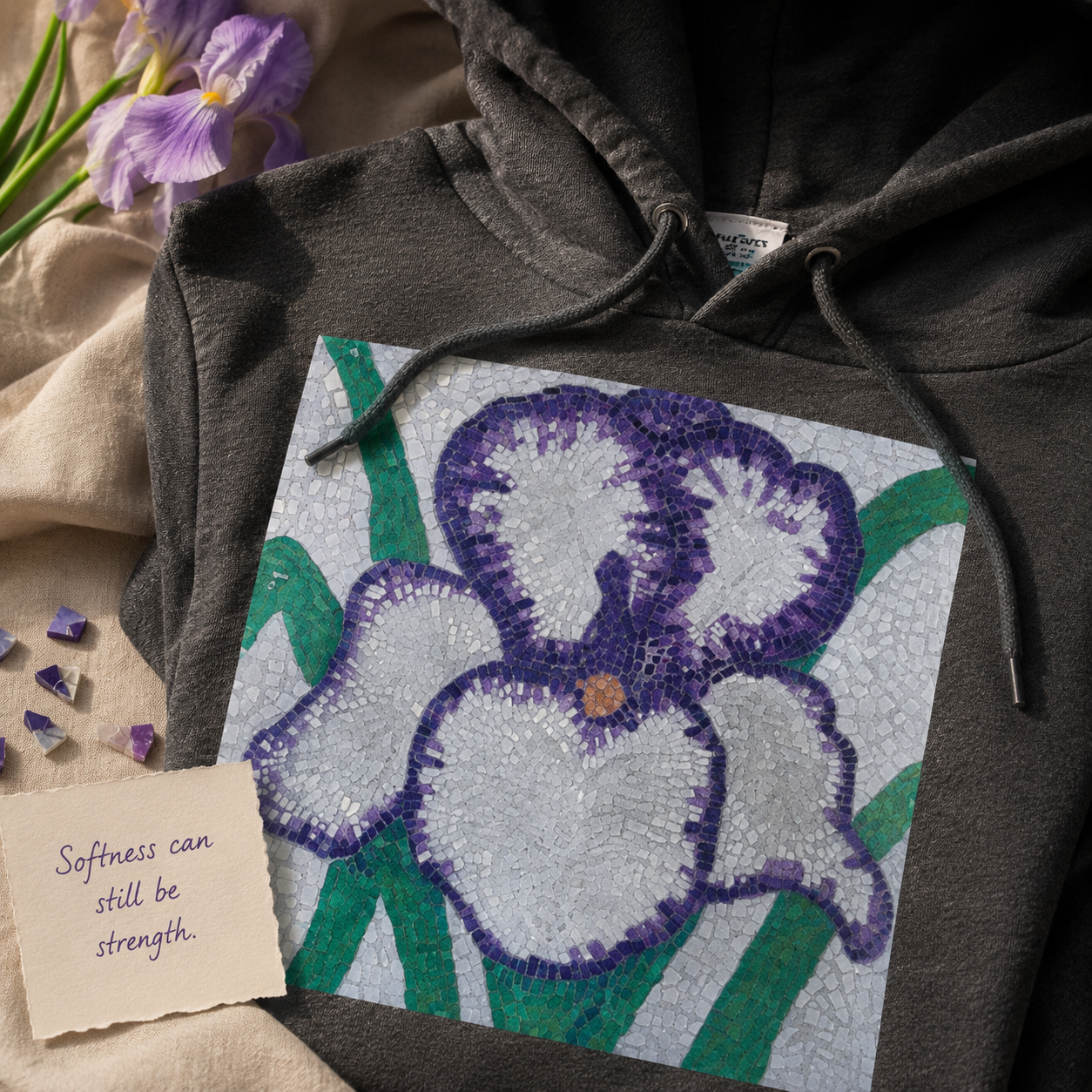 Violetta Iris Hoodie | Floral Mosaic Wearable Art Hoodie