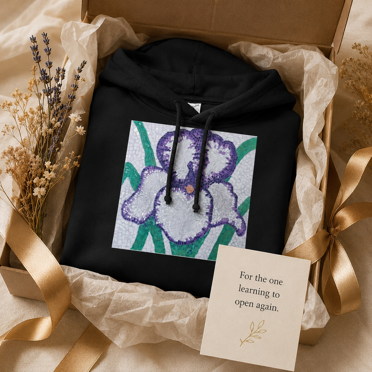 Violetta Iris Hoodie | Floral Mosaic Wearable Art Hoodie