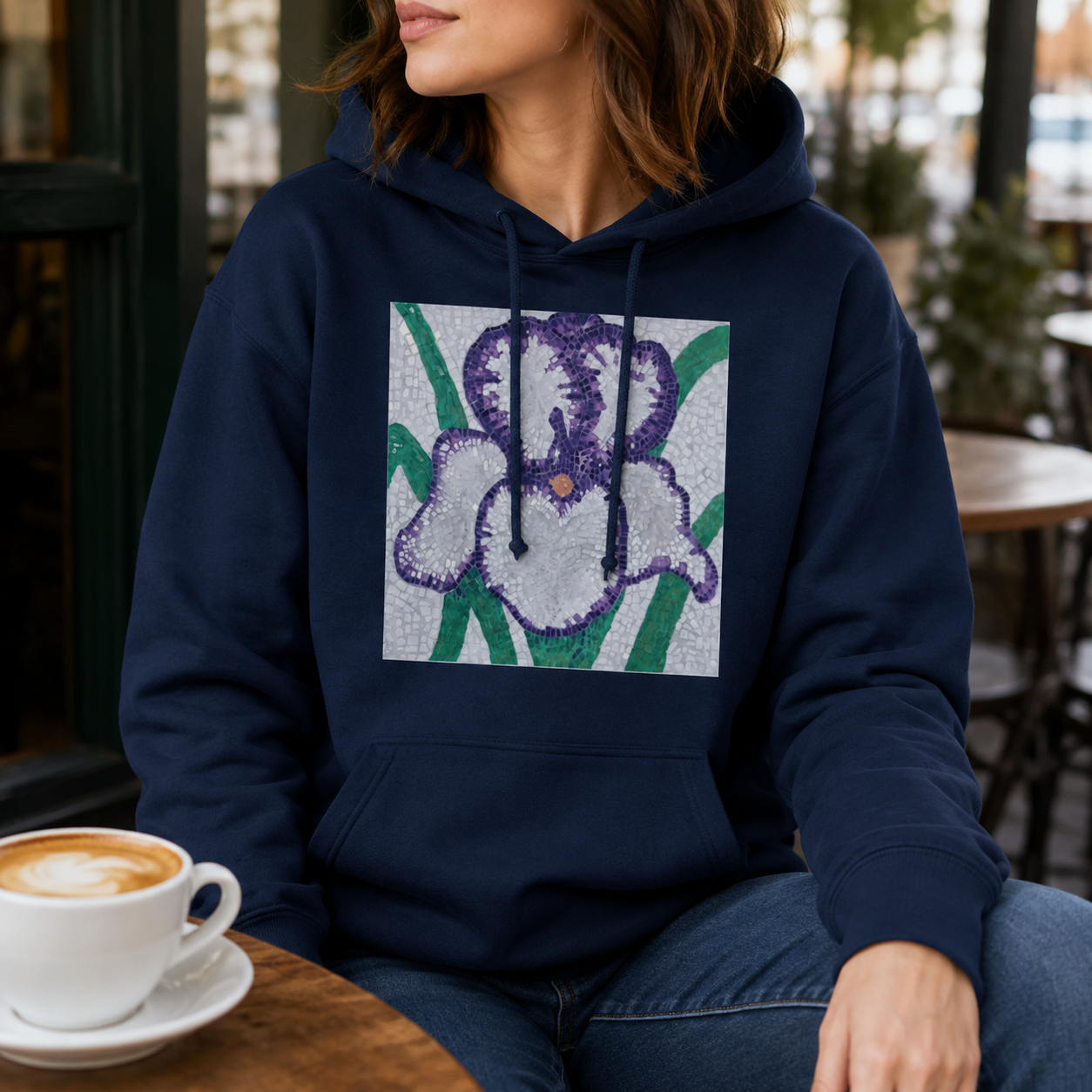 Violetta Iris Hoodie | Floral Mosaic Wearable Art Hoodie