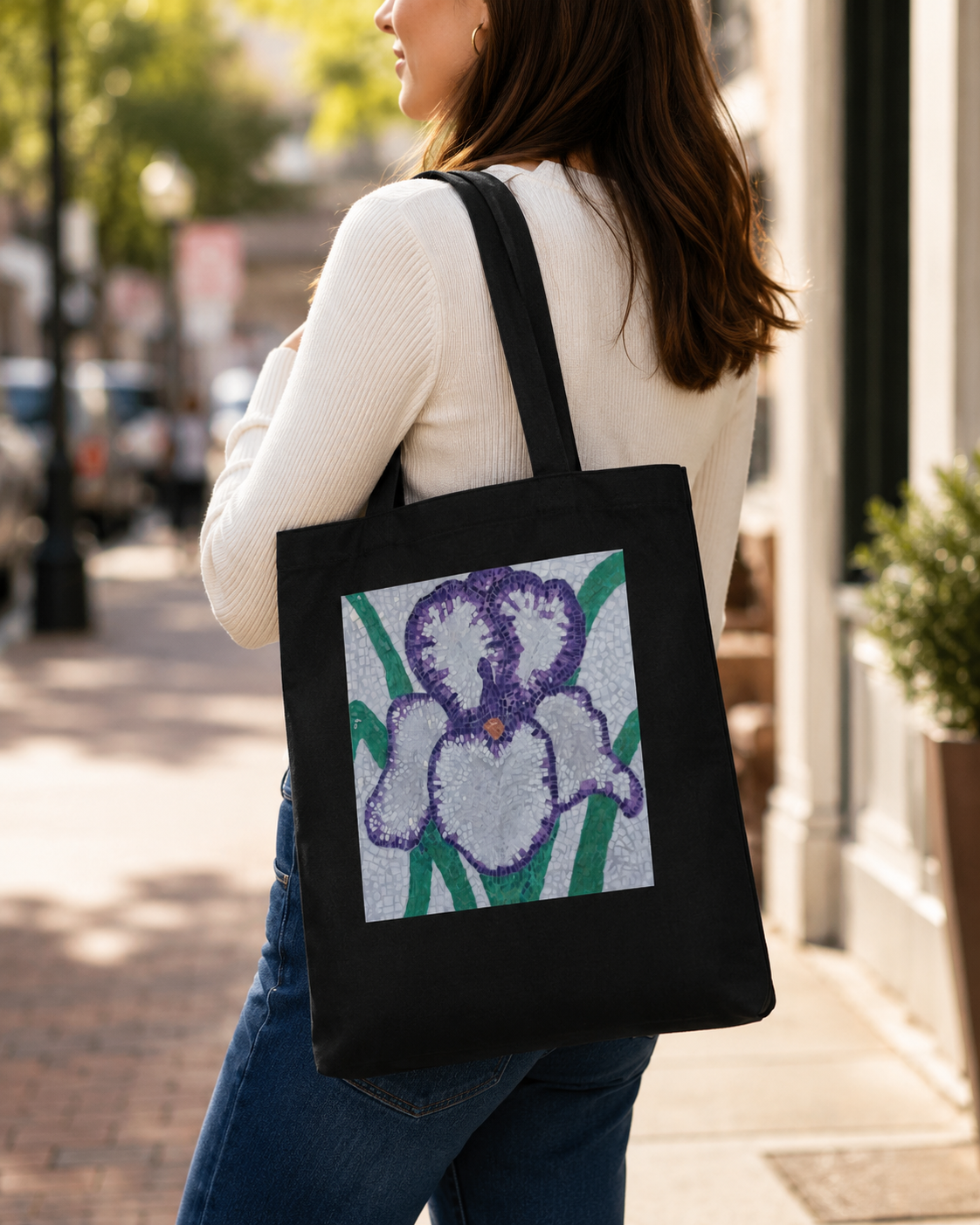Violetta Iris Tote Bag — Floral Mosaic Art Tote