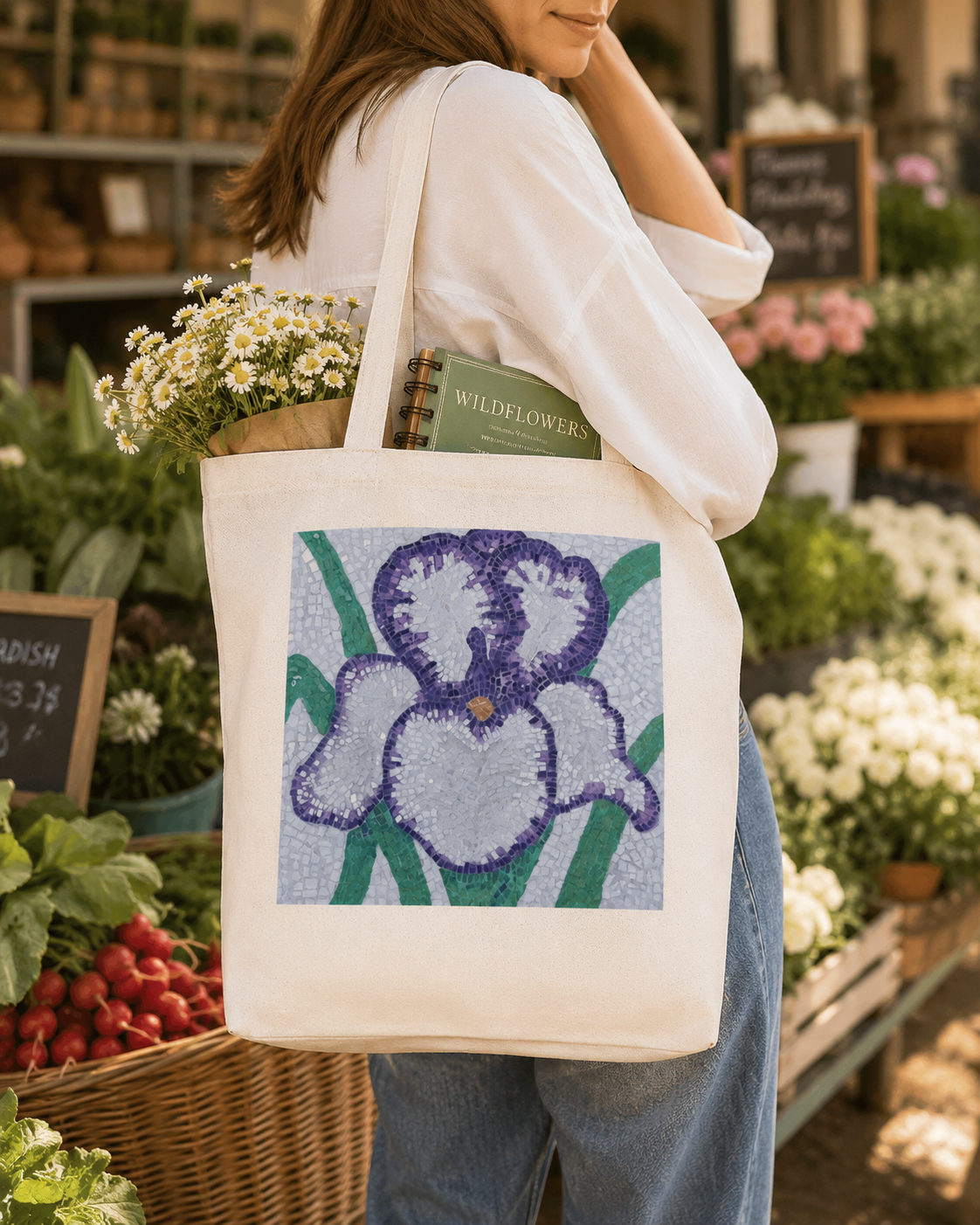 Violetta Iris Tote Bag — Floral Mosaic Art Tote