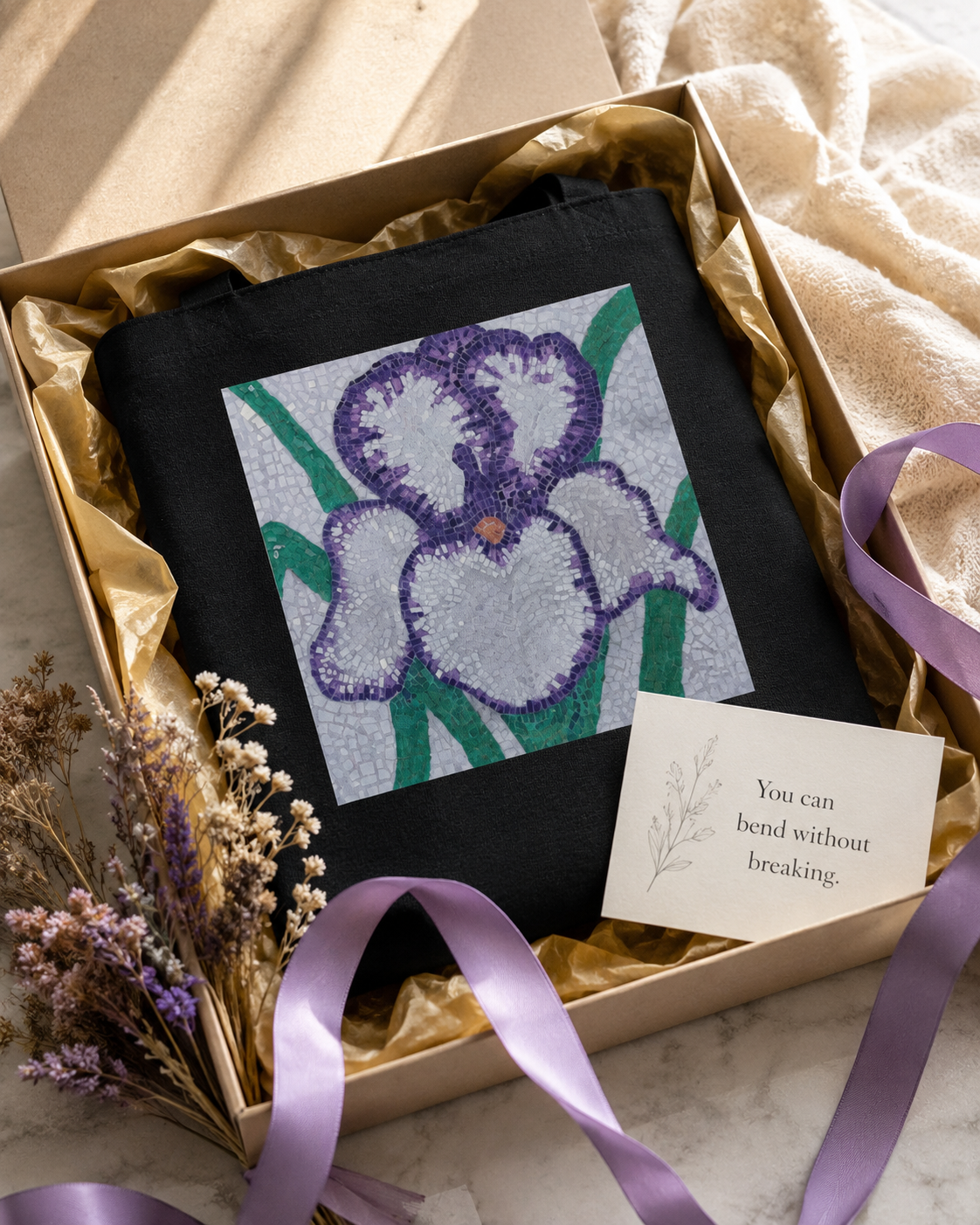 Violetta Iris Tote Bag — Floral Mosaic Art Tote