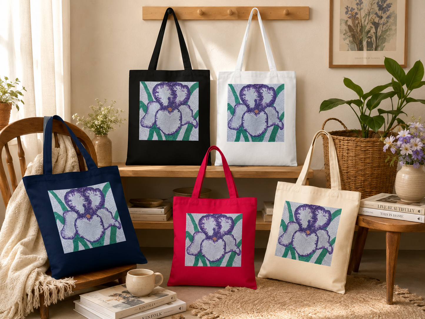 Violetta Iris Tote Bag — Floral Mosaic Art Tote