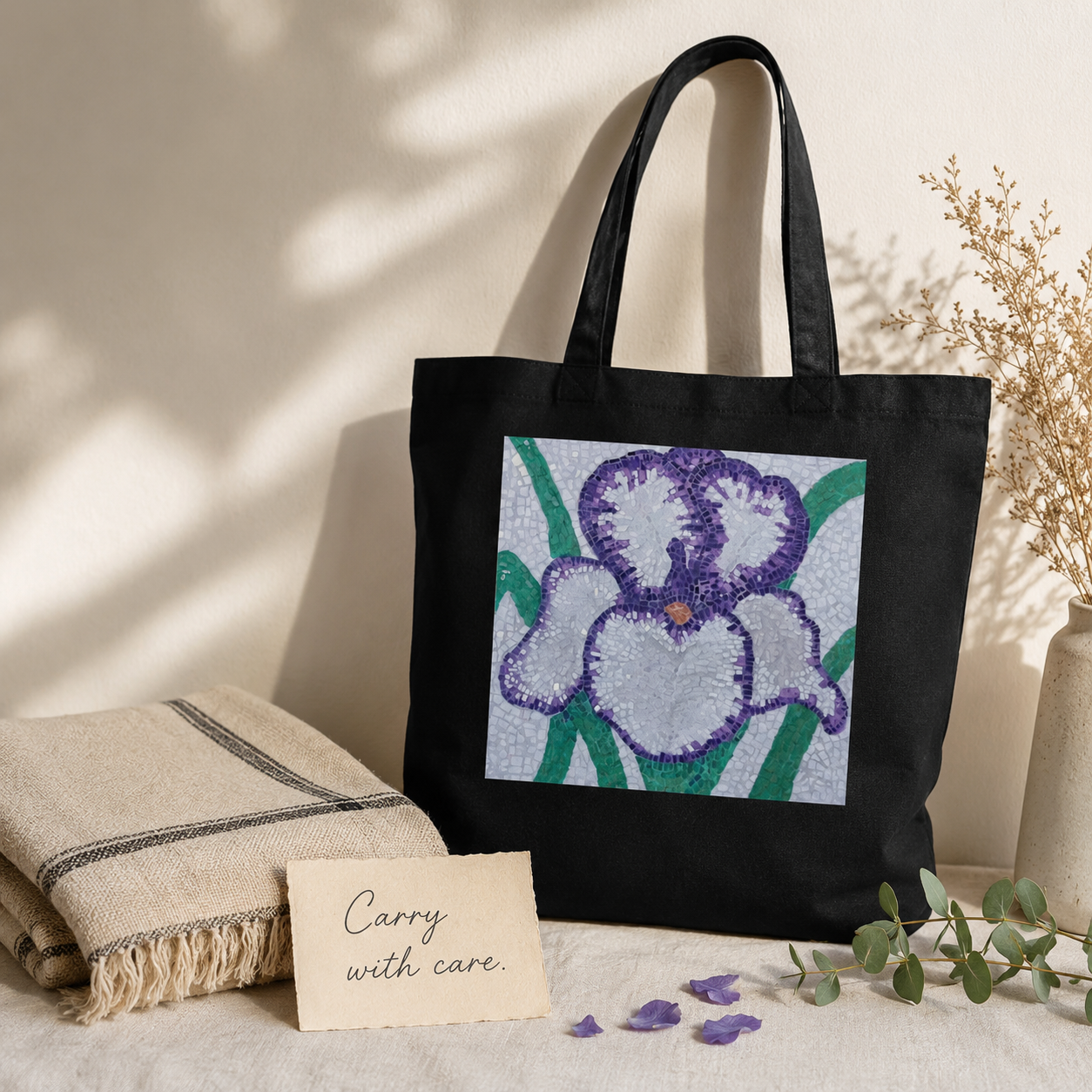 Violetta Iris Tote Bag — Floral Mosaic Art Tote