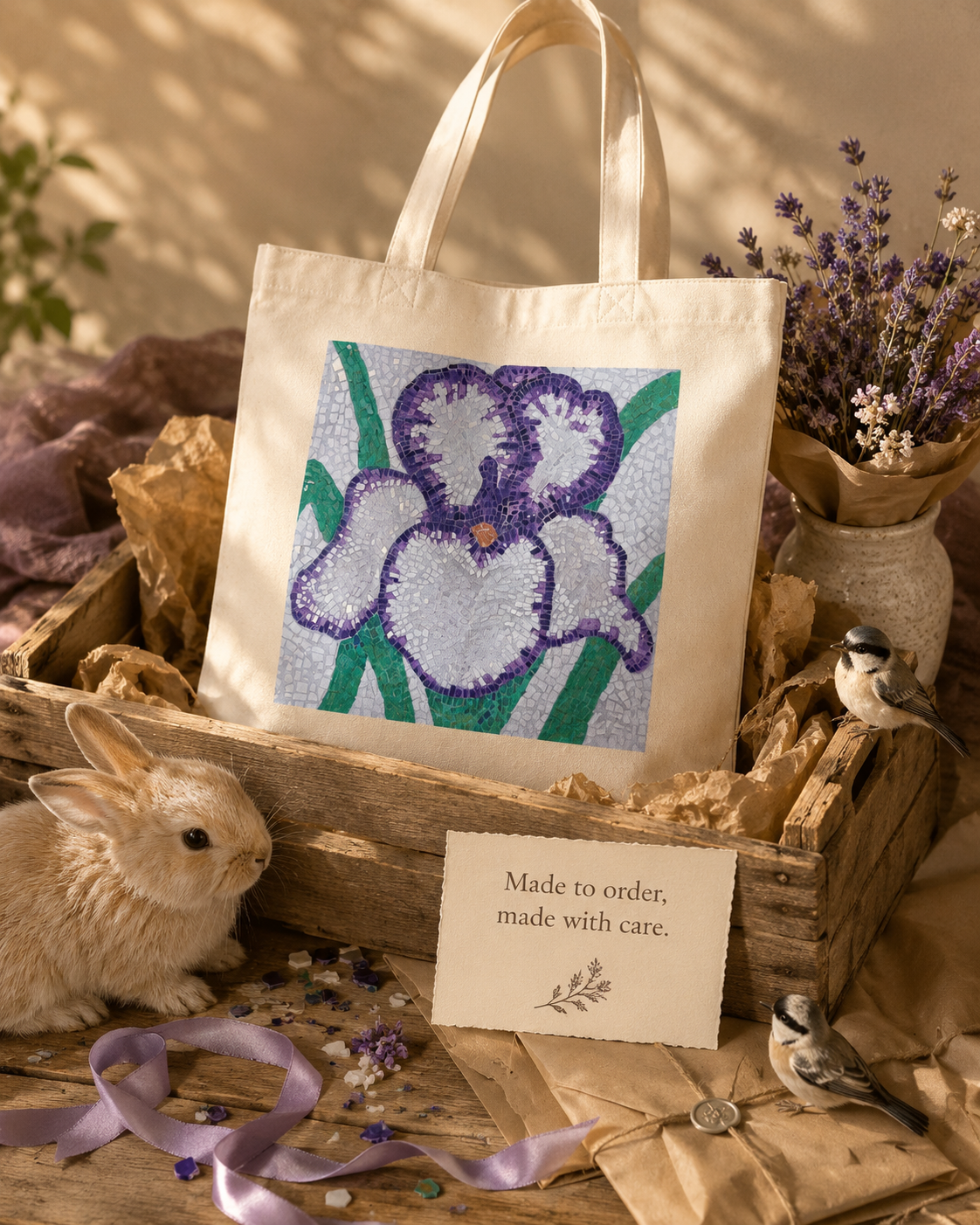 Violetta Iris Tote Bag — Floral Mosaic Art Tote