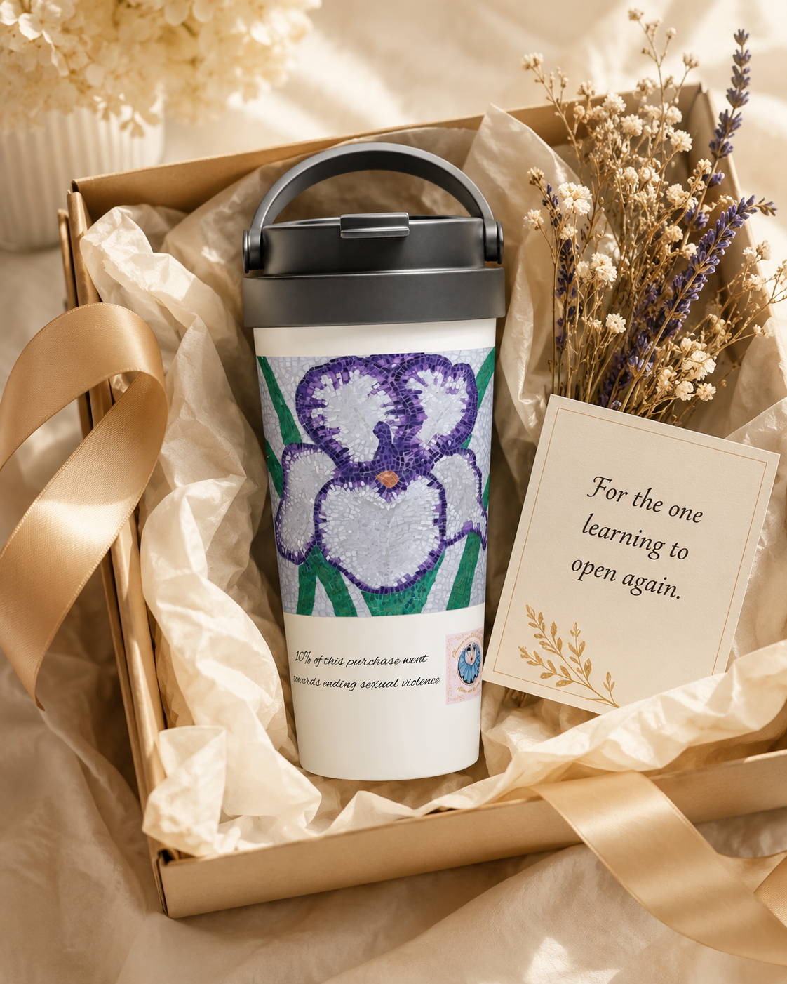 Violetta Iris Flower Mosaic Travel Mug | 15oz Stainless Steel Mug
