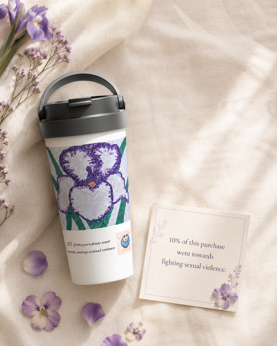 Violetta Iris Flower Mosaic Travel Mug | 15oz Stainless Steel Mug