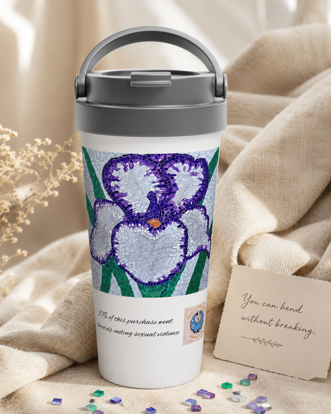 Violetta Iris Flower Mosaic Travel Mug | 15oz Stainless Steel Mug