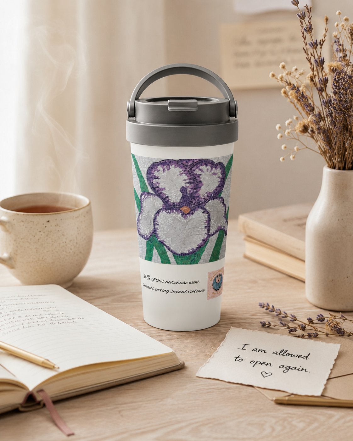 Violetta Iris Flower Mosaic Travel Mug | 15oz Stainless Steel Mug