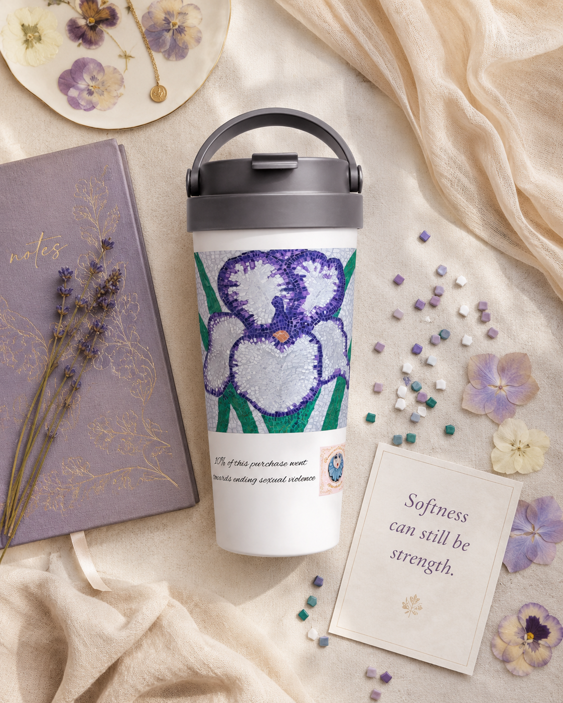 Violetta Iris Flower Mosaic Travel Mug | 15oz Stainless Steel Mug