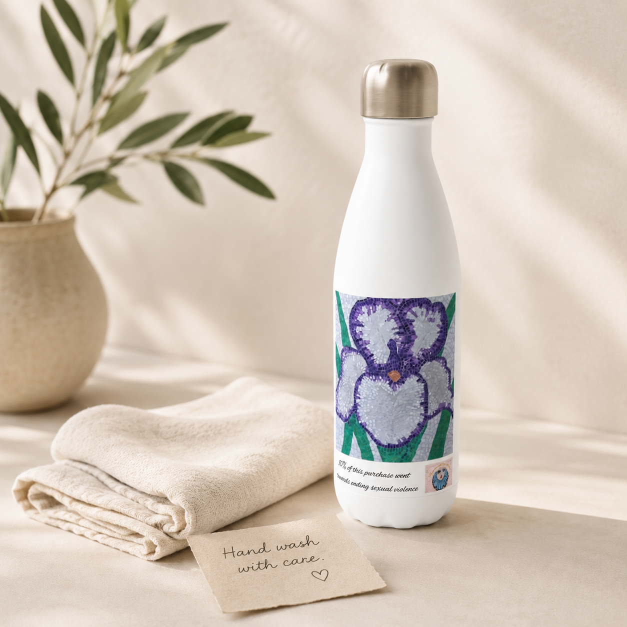 Violetta Iris Flower Mosaic Stainless Steel Water Bottle 17oz