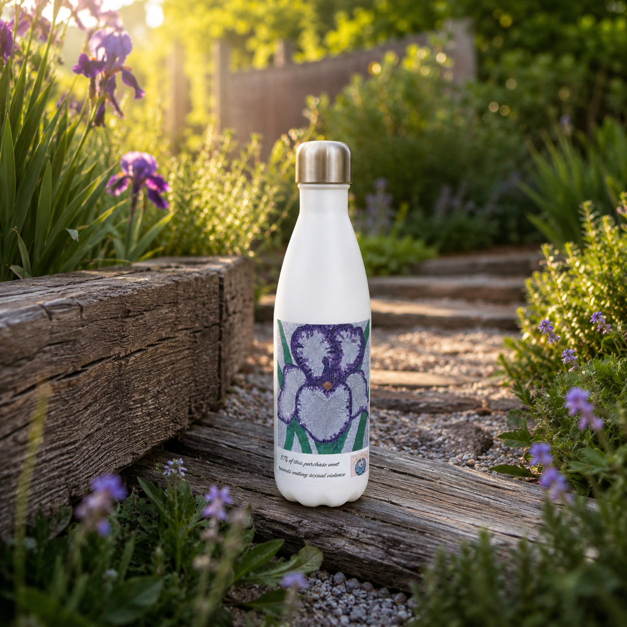 Violetta Iris Flower Mosaic Stainless Steel Water Bottle 17oz