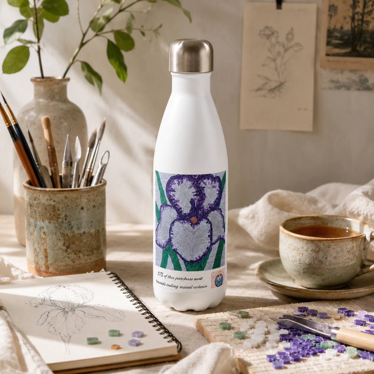 Violetta Iris Flower Mosaic Stainless Steel Water Bottle 17oz