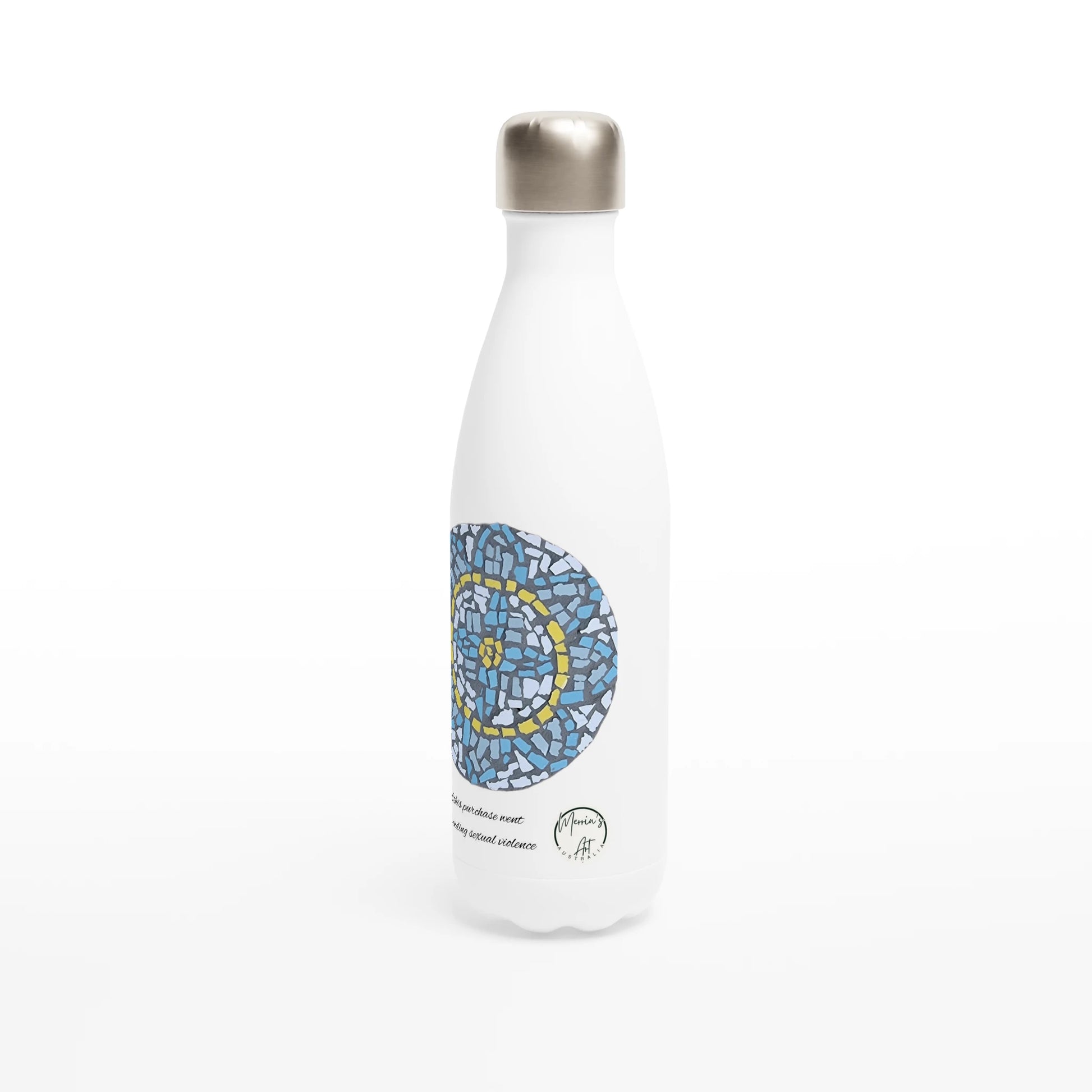 stainless steel water bottle facing left with mandala coaster mosaic design made in Sebastopol Victoria 