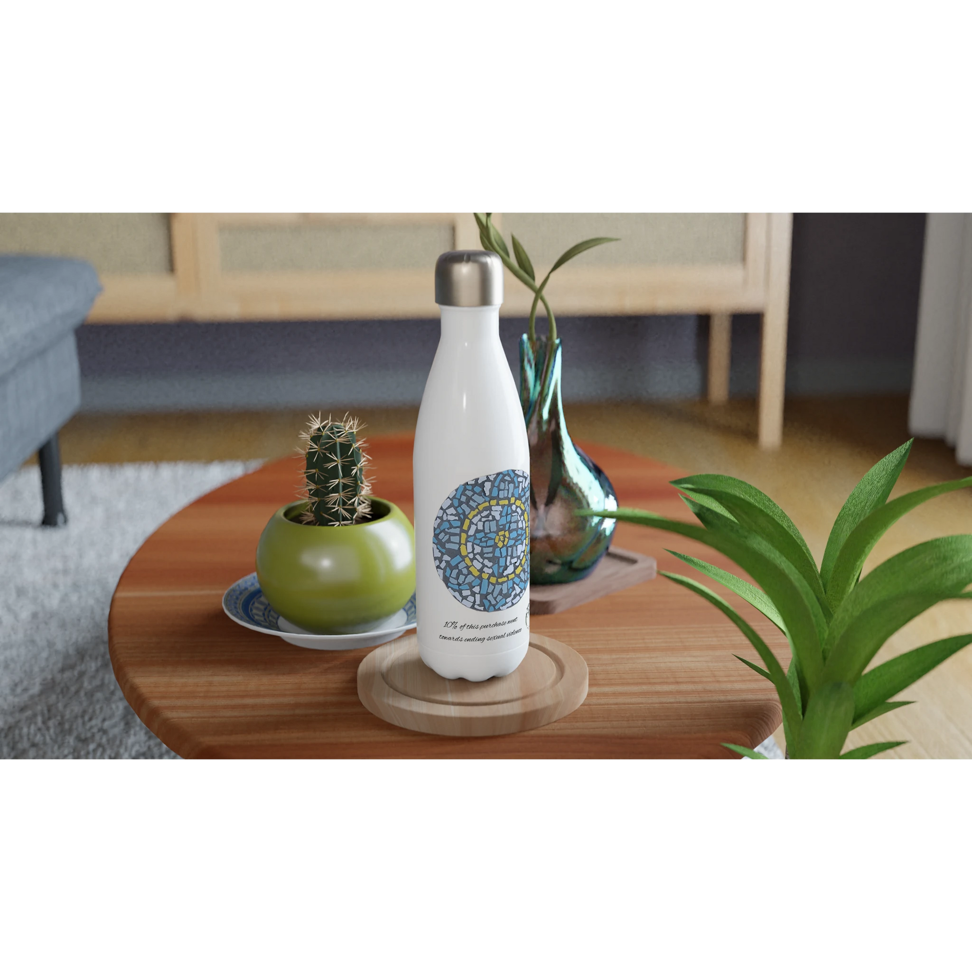 stainless steel water bottle mockup in front of vases with mandala coaster mosaic design made in Sebastopol Victoria 