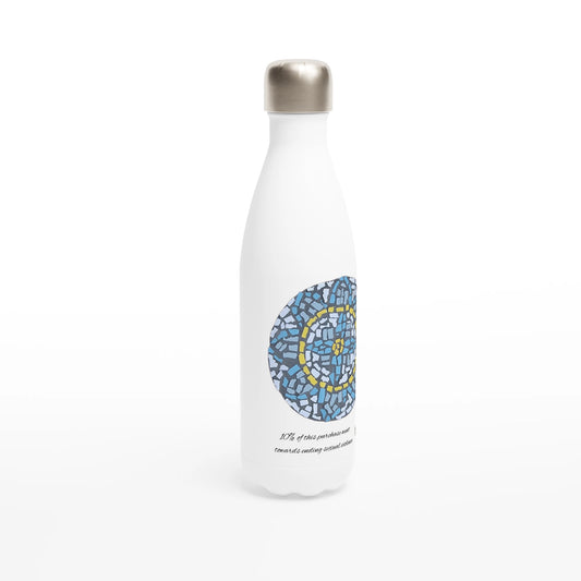 stainless steel water bottle facing right with mandala coaster mosaic design made in Sebastopol Victoria 