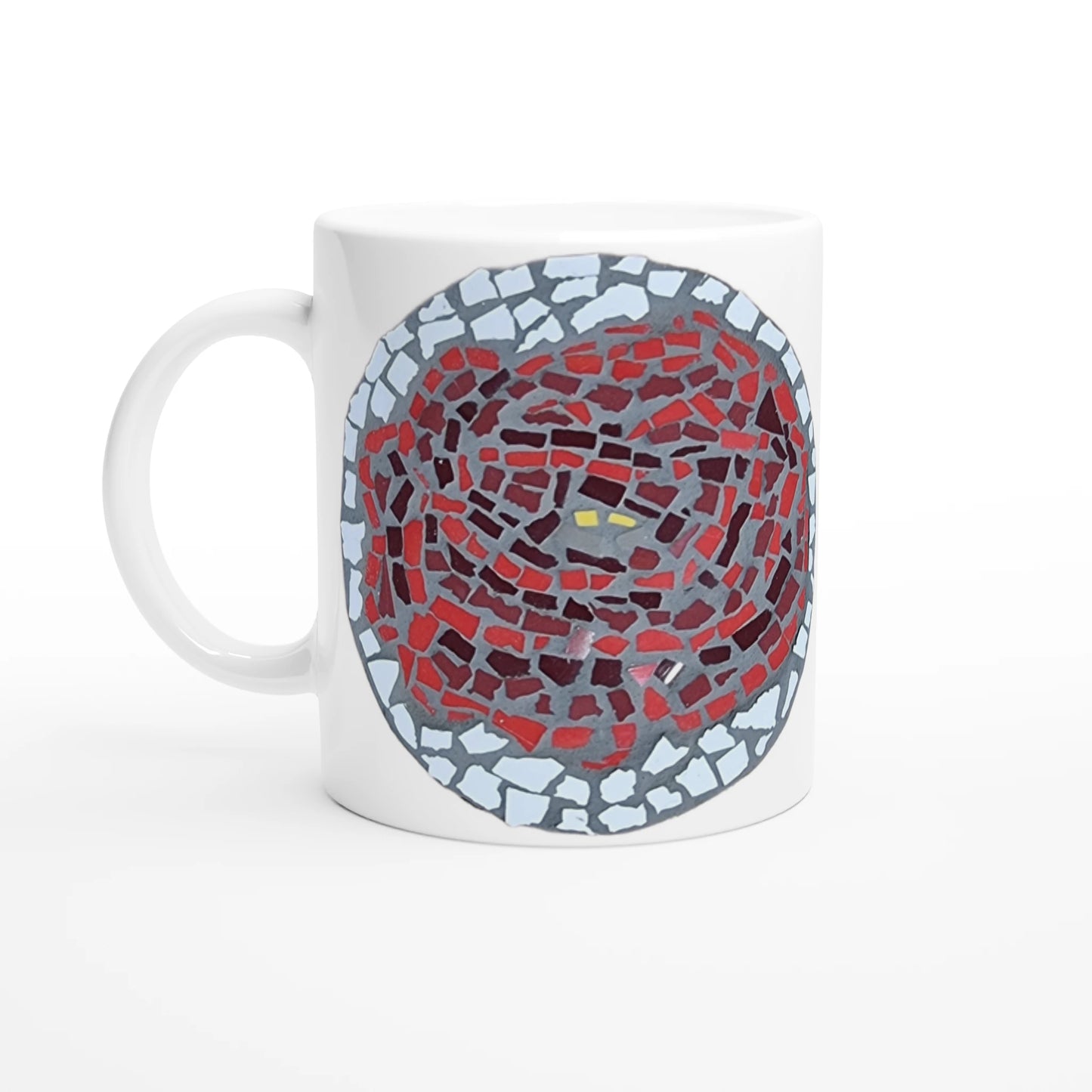 white rimmed mug with rose coaster mosaic design made in Sebastopol Victoria 