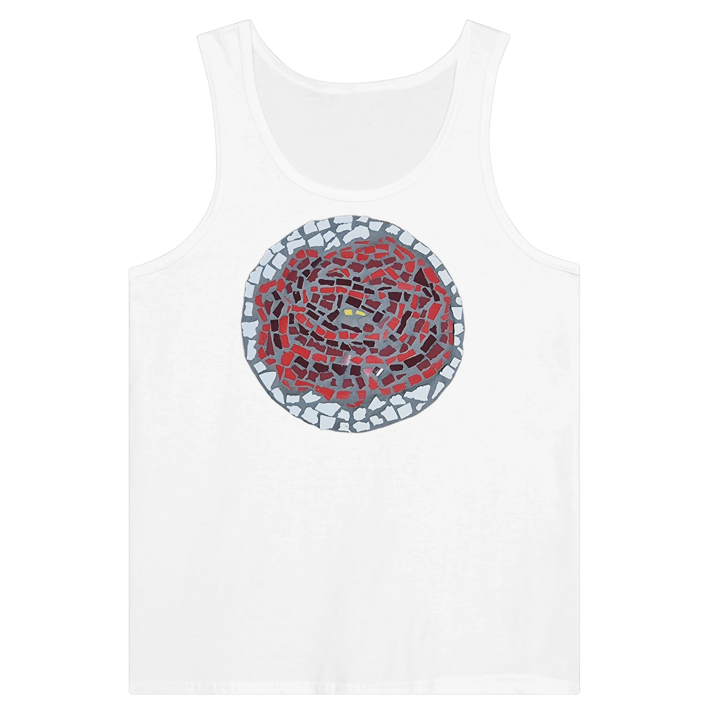 white tank top with rose coaster mosaic design made in Sebastopol Victoria 