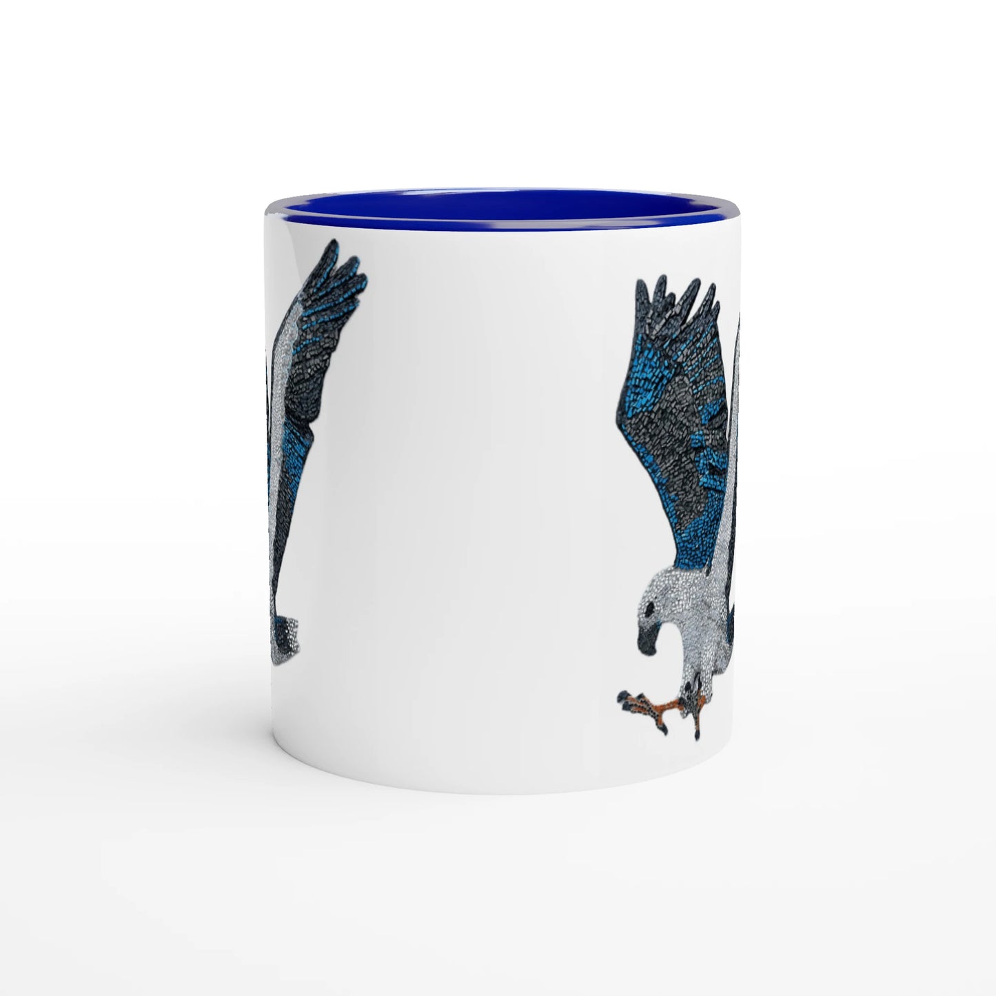 Willow White-bellied Sea Eagle mosaic mug with royal blue handle and blue interior, showing detailed Australian wildlife artwork printed clearly on glossy ceramic.