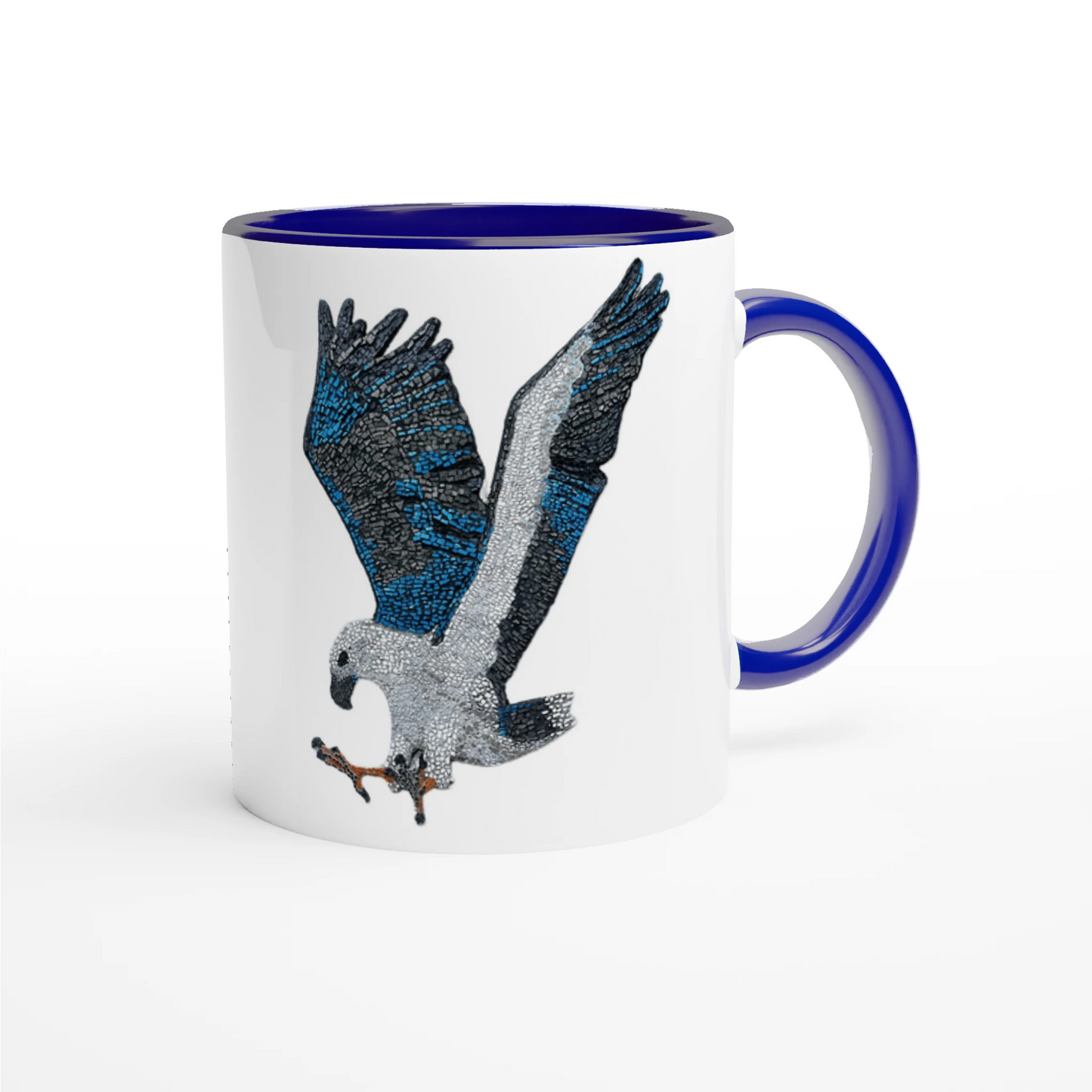 Willow White-bellied Sea Eagle mosaic mug with royal blue handle and blue interior, showing detailed Australian wildlife artwork printed clearly on glossy ceramic.