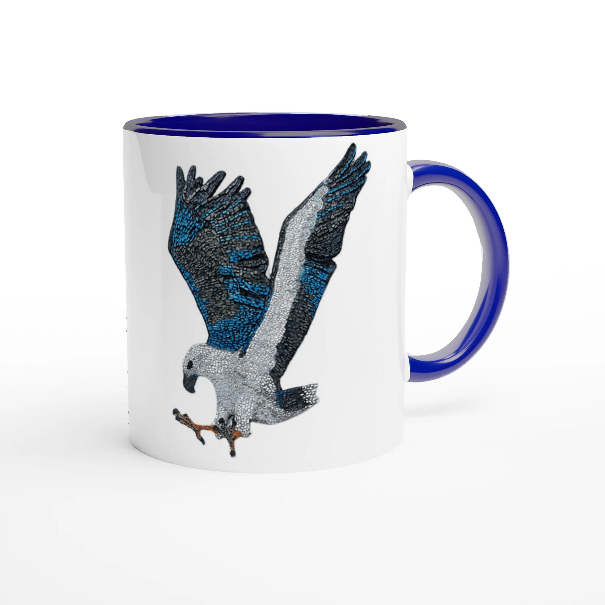 Willow White-bellied Sea Eagle mosaic mug with royal blue handle and blue interior, showing detailed Australian wildlife artwork printed clearly on glossy ceramic.