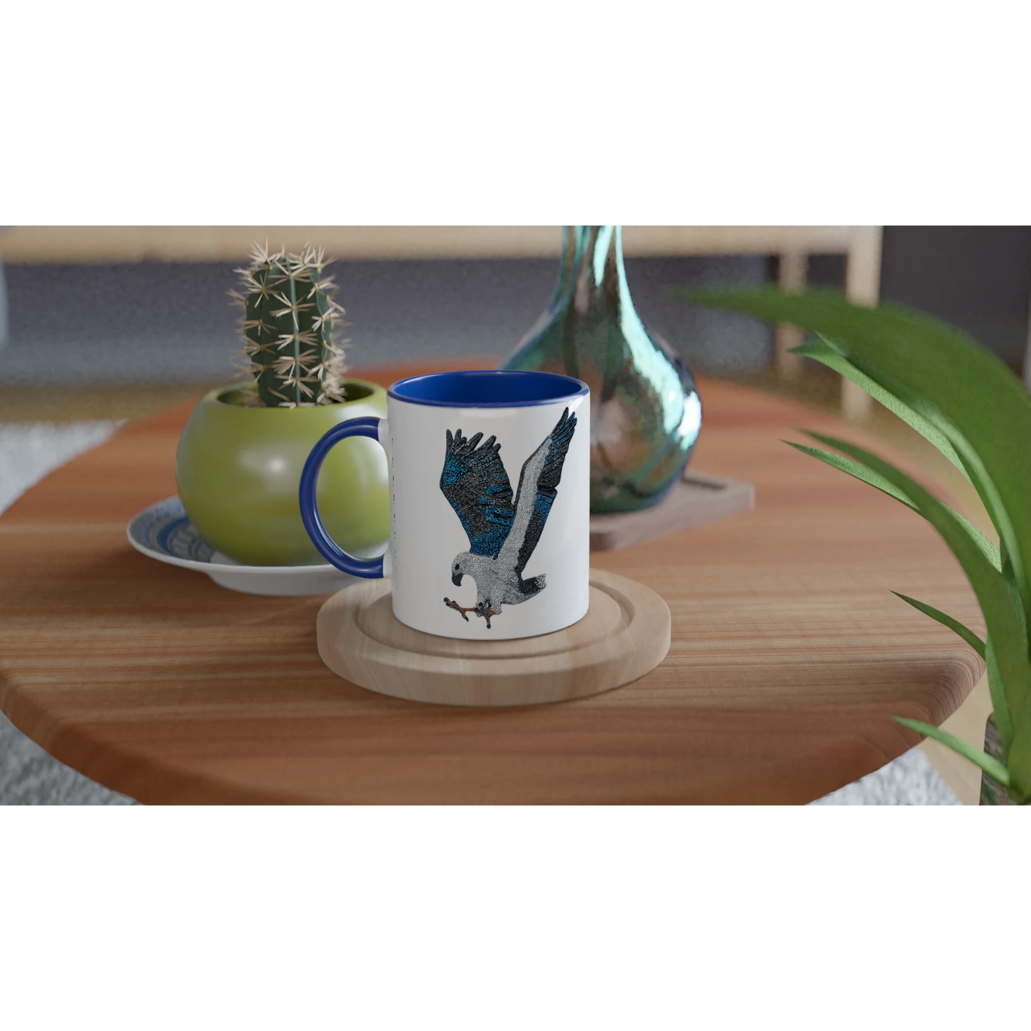 Willow White-bellied Sea Eagle mosaic mug with royal blue handle and blue interior, showing detailed Australian wildlife artwork printed clearly on glossy ceramic.