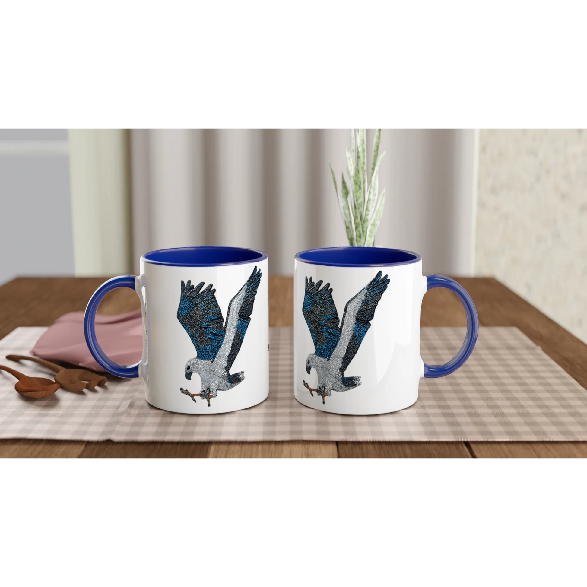 Willow White-bellied Sea Eagle mosaic mug with royal blue handle and blue interior, showing detailed Australian wildlife artwork printed clearly on glossy ceramic.