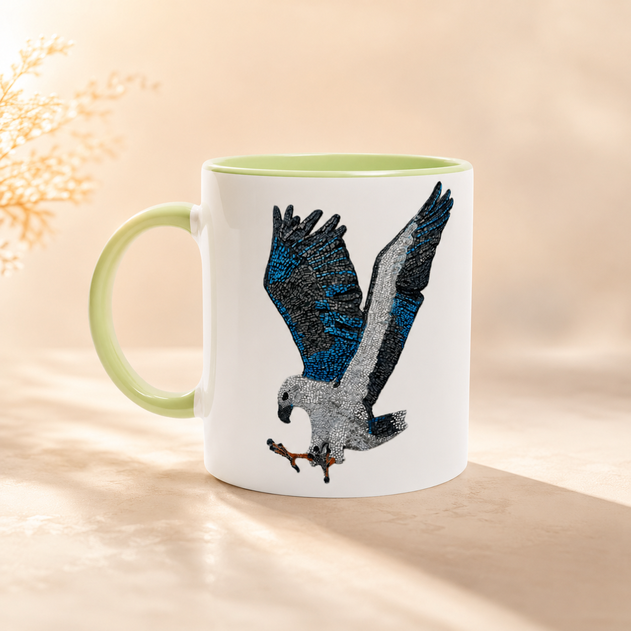 White 11oz Ceramic Mug with Color Inside | "Willow" the White-bellied Sea Eagle Mosaic