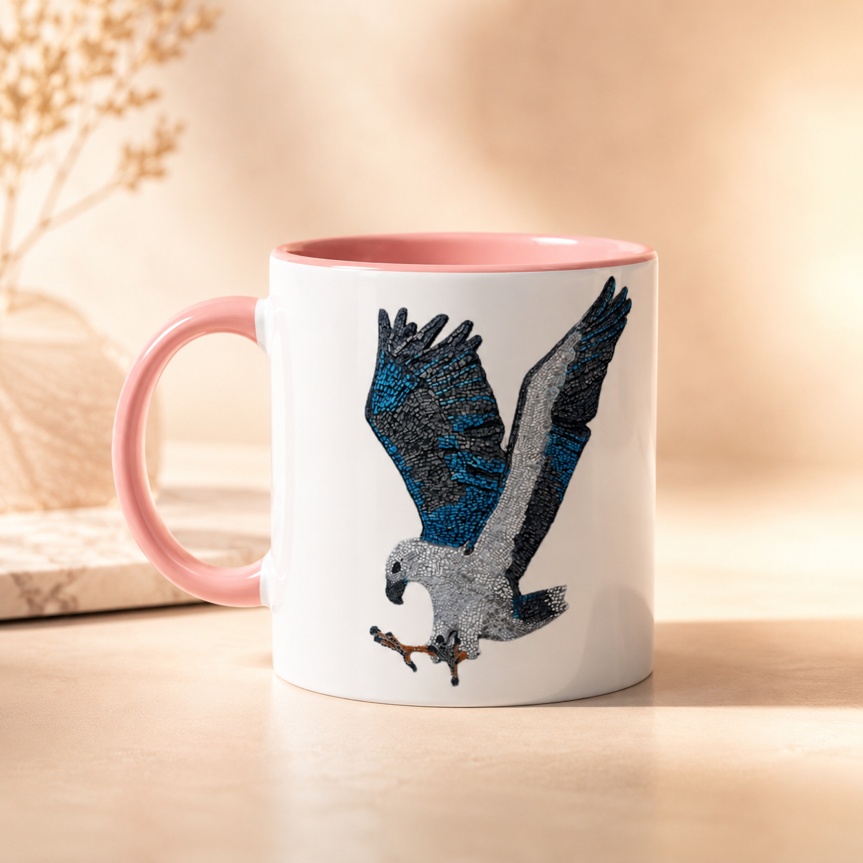 White 11oz Ceramic Mug with Color Inside | "Willow" the White-bellied Sea Eagle Mosaic